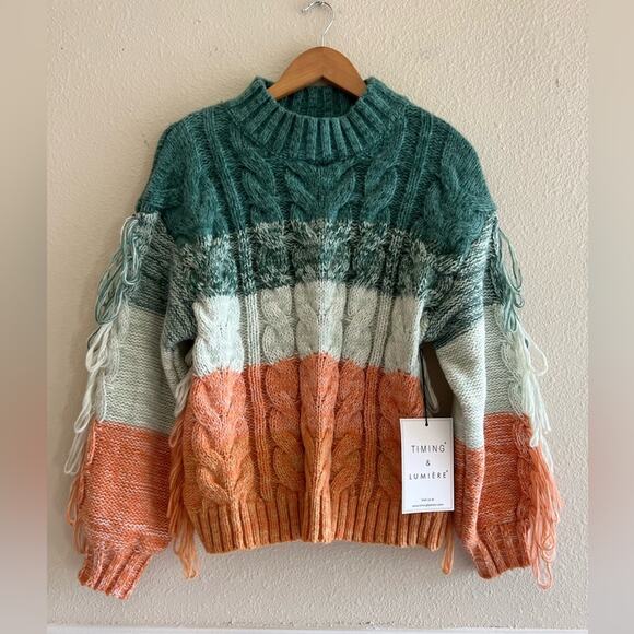 Lumiere‎ Color Block Striped Tassels Fringe Cable Knit Sweater Boho Hippie - Picture 1 of 6